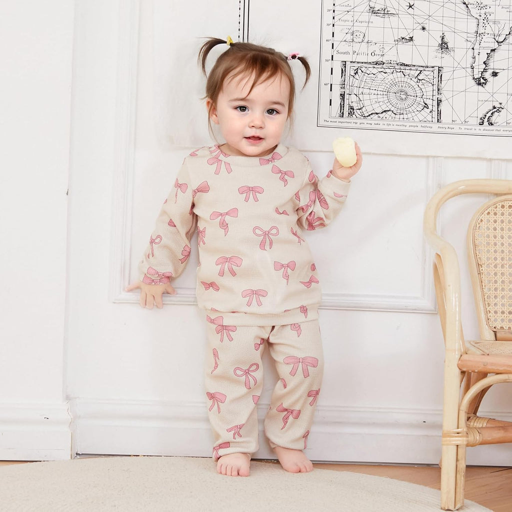 Fall Baby Girl Clothes Ruffle Long Sleeve Bow Print Sweatshirt Top Pants Set 2Pcs Waffle Knit Outfit
