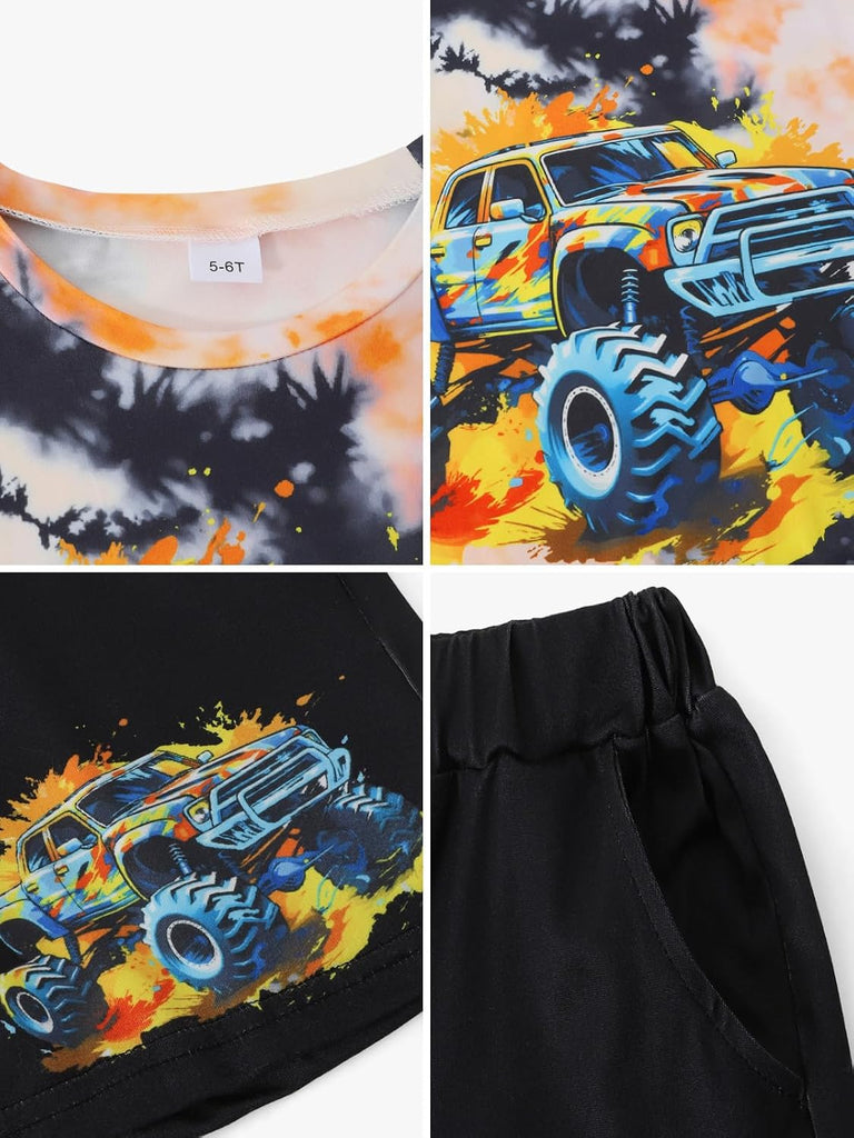 Boys Clothes Piece Summer Outfit 3D Car Print Tie-Dye T-Shirt & Elastic Waist Shorts for Kids Clothing Set