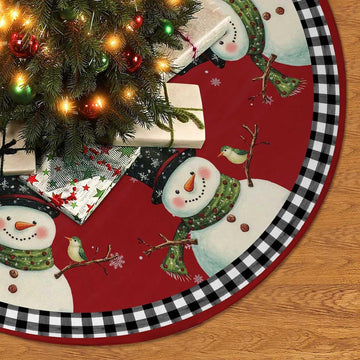 Red Snowman Christmas Tree Skirt 48 inch Buffalo Plaid Tree Decorations