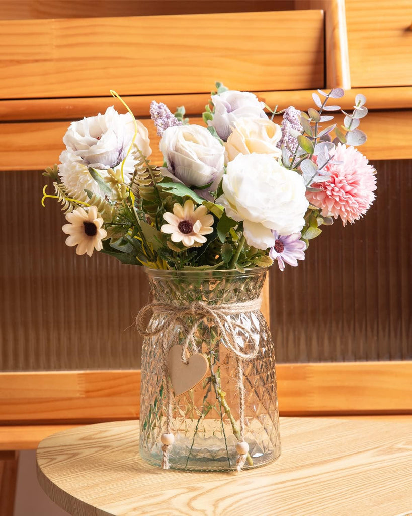 Fake Flowers with Vase, Faux Peony Silk Flowers Decor,Fake Flowers with Vase for Coffee Table Decor,Living Room