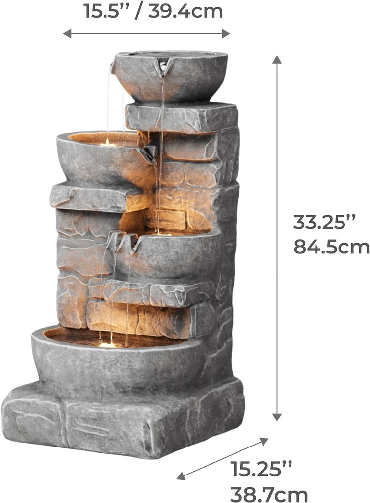 33.25 in. Cascading Bowls and Stacked Stones LED Outdoor Water Fountain for Gardens, Landscaping, Patios, Balconies
