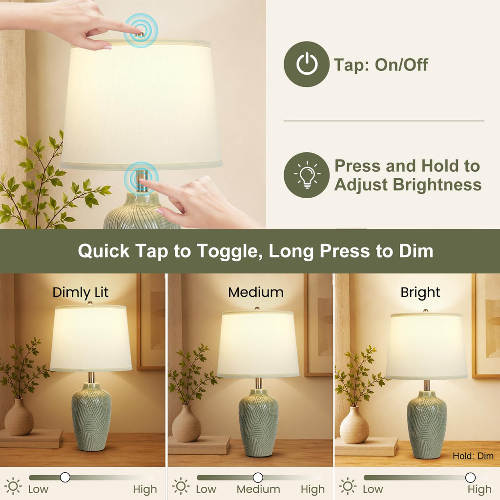 Touch Green Lamp Ceramic Table Lamps, Nightstand Lamp 24"Green 1Pack