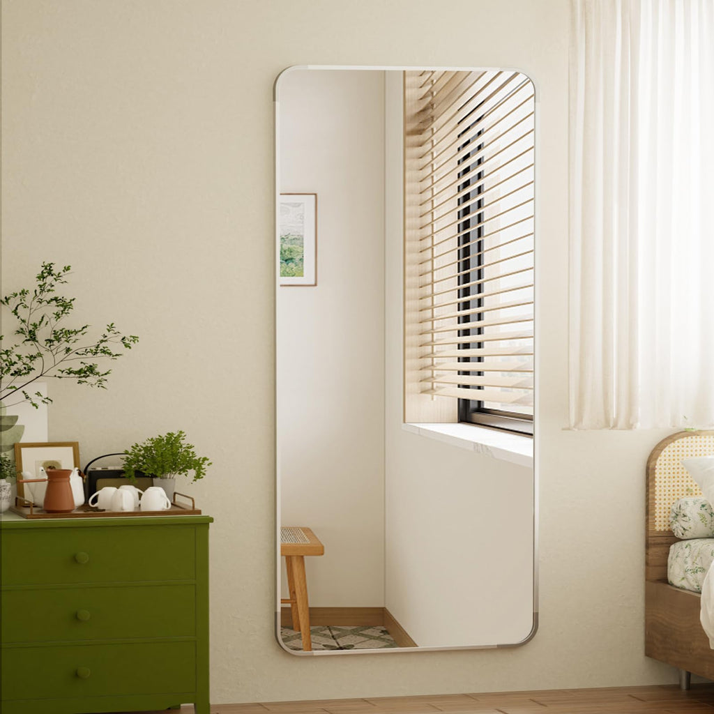 71" x 26" Rounded Corner Full Length Mirror with Stand, Silver