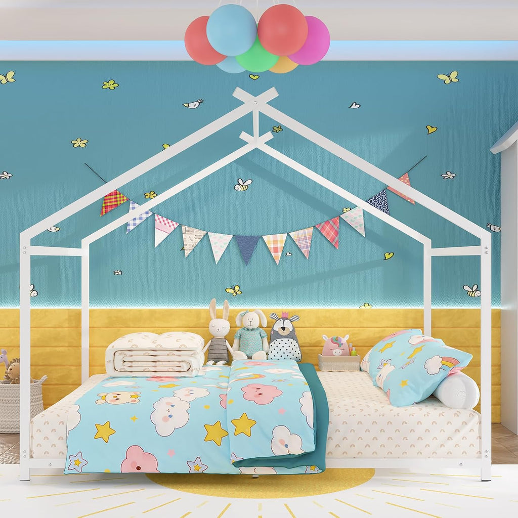 House Shape Montessori House Bed Metal Floor Bed for Kids