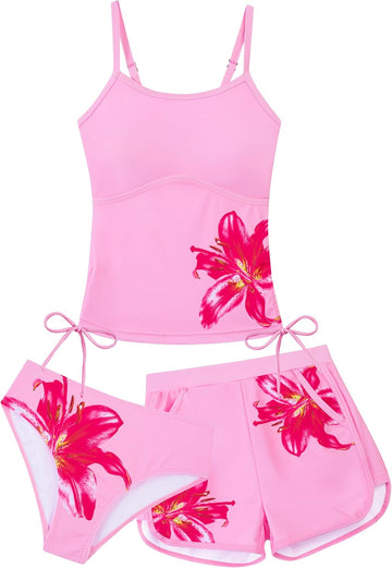 Girls Swimsuit 3 Piece Tankini Girls Swimwear Swim Shorts with Pockets Bathing Suit for Teen Girls