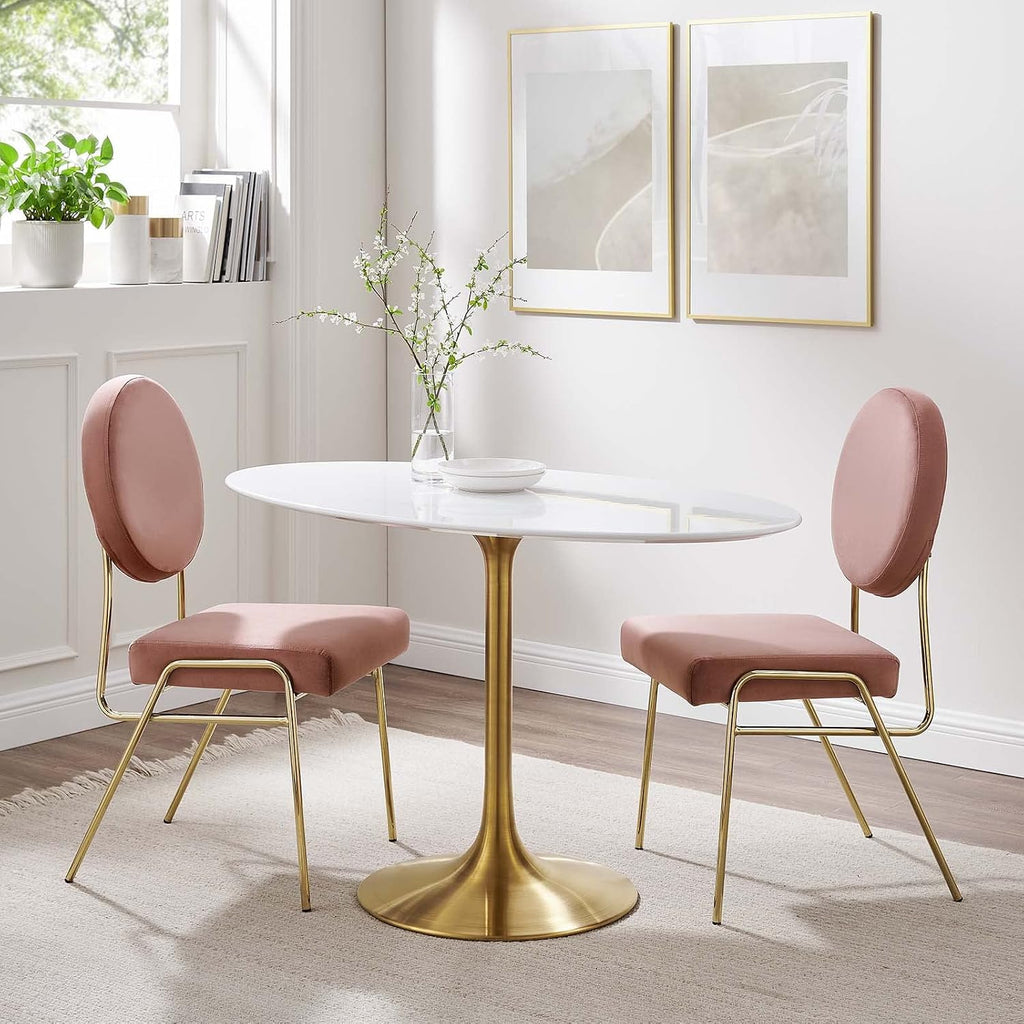 Inspired Tulip Style Oval Pedestal Dining Table — Gold Base / White Top, 48″ Oval