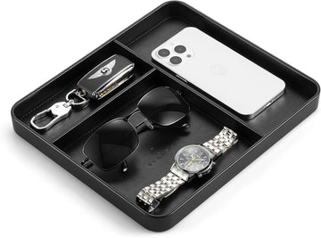 Valet Tray, PU Leather Nightstand Organizer with Divider