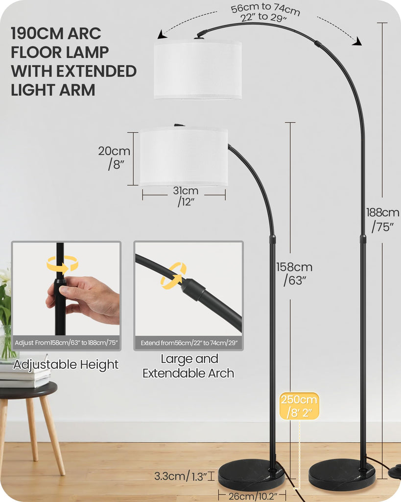 75" Dimmable Arc Lamp with Marble Base, Adjustable Height,White Linen Shade
