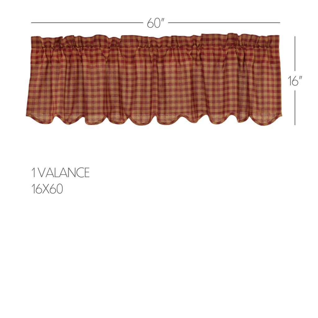 Check Cotton Primitive Kitchen Curtains Rod Pocket 16x60 Valance, Burgundy Red