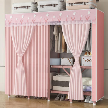 Portable Wardrobe Closet, Metal Freestanding Armoire with Fabric Cover, Large Capacity Clothes Organizer with Shelves