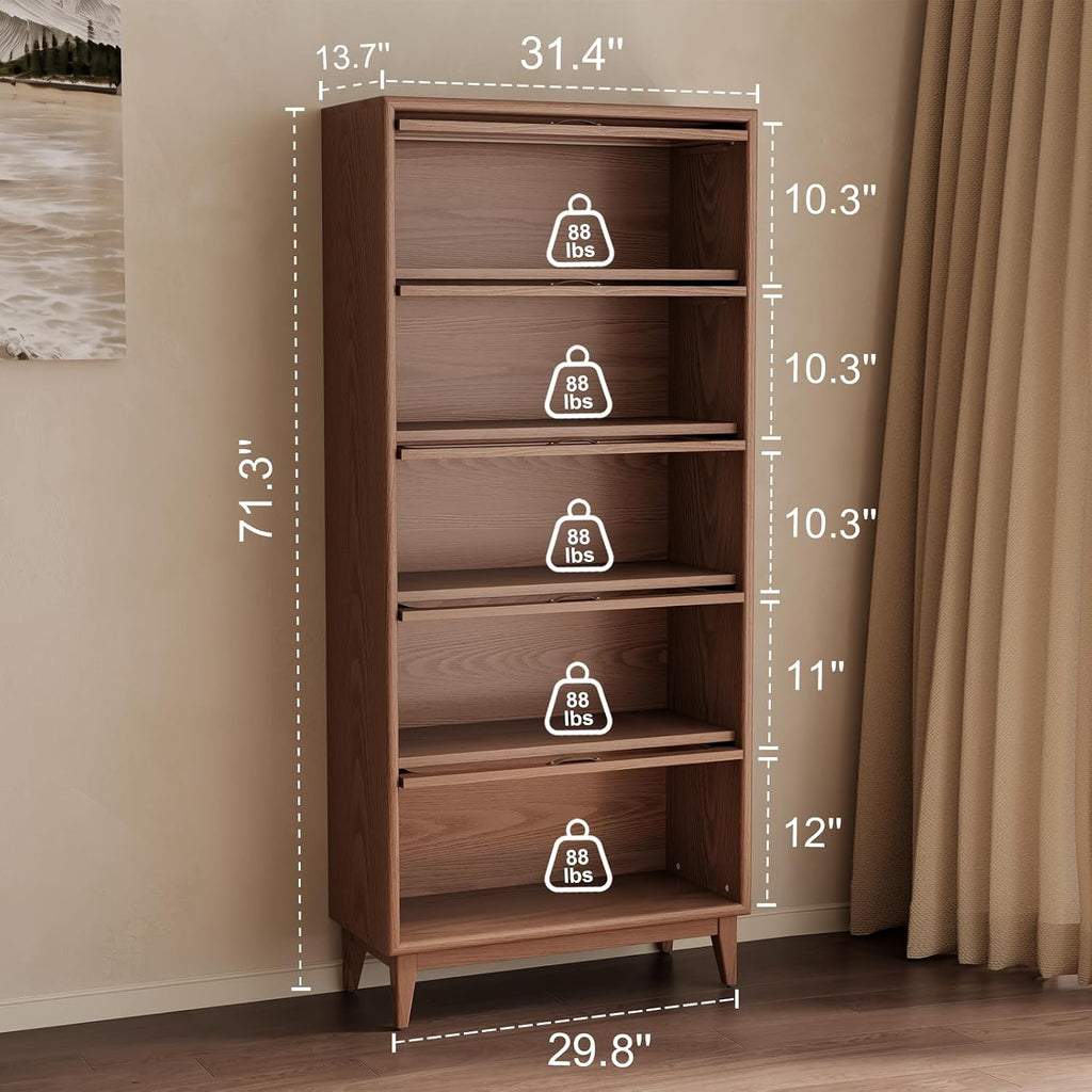 5 Tier Solid Wood Bookcase with Tempered Glass Doors Elegant Wooden Book Shelf with Doors 72H/32w/14 inch Log Khaki