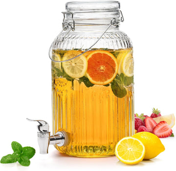 1 Gallon Glass Drink Dispenser with Lid and Spigot - Wide Mouth, Leak Proof Juice Pitcher- Vintage Beverage Dispenser