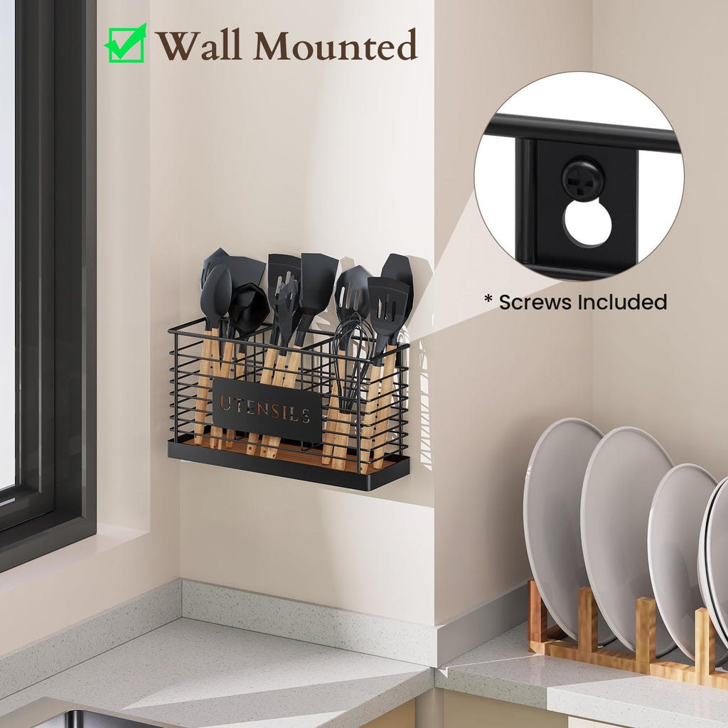 Utensil Holder Counter Large Black Metal Cooking Utensil Organizer 3 Compartments for Countertop Kitchen Tool Spatula
