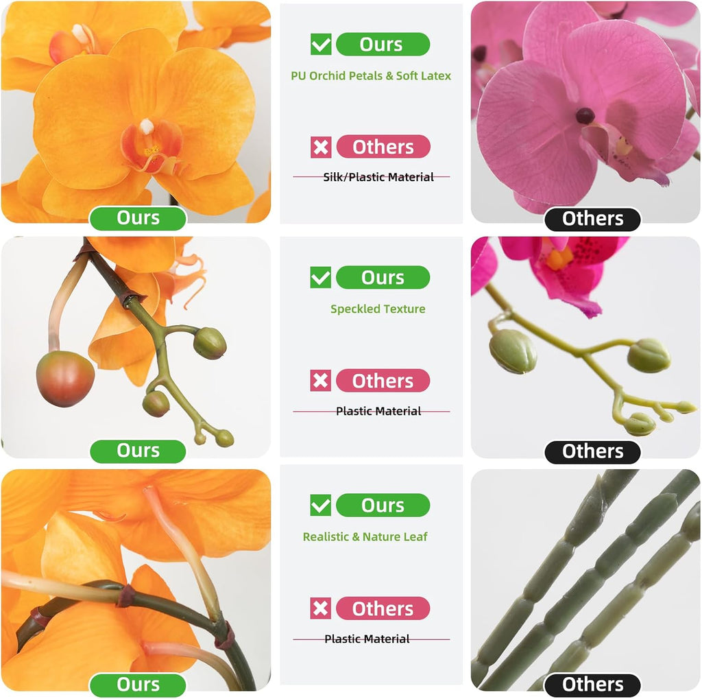 Orchids Artificial Flowers Realistic Fake Flowers in Ceramic Pot 20" Orange Lifelike Faux Floral Arrangement Soft PU