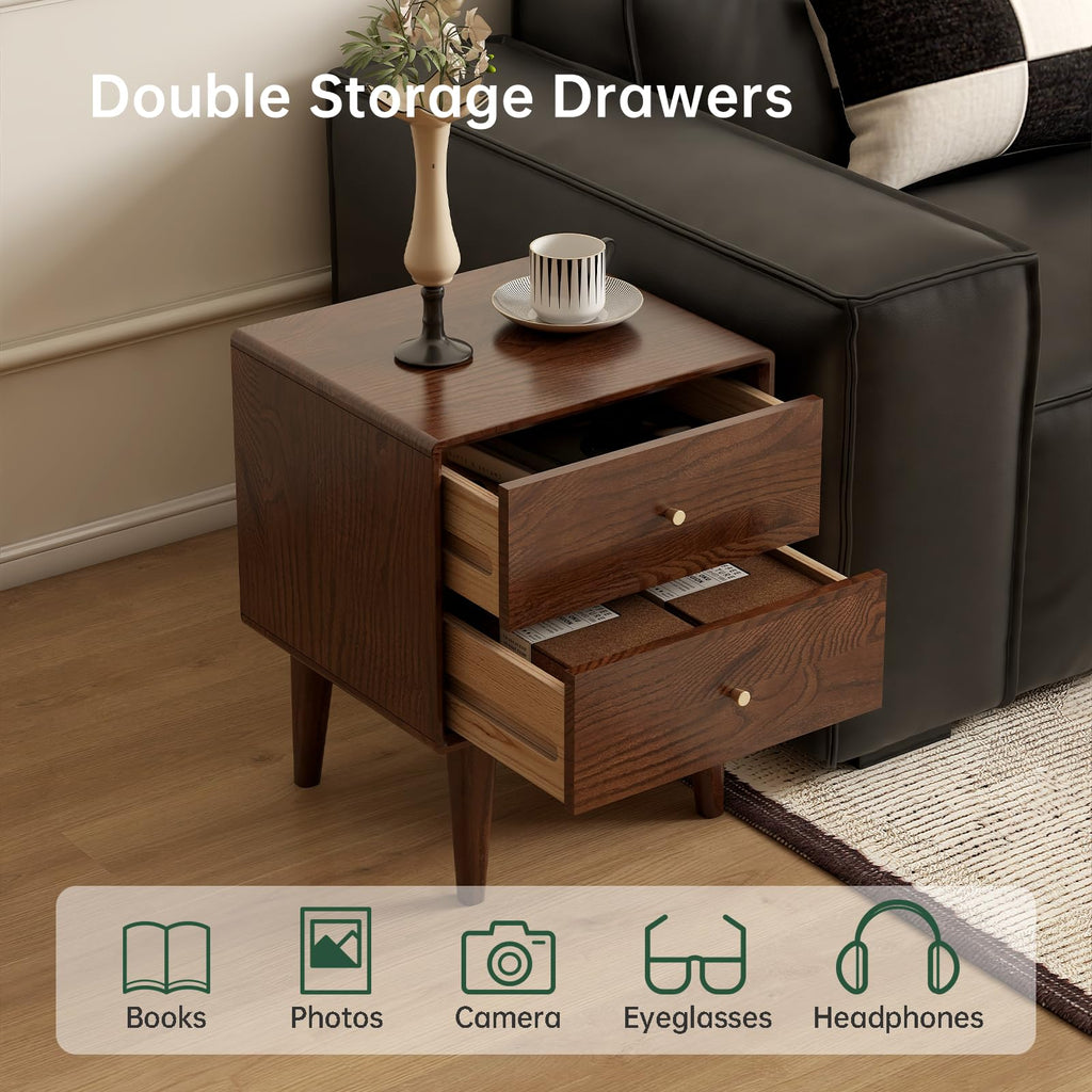 100% Solid Wood Nightstand Set of 2, Walnut Nightstand, Mid Century Night Stand, Wooden Nightstand, Small Nightstands