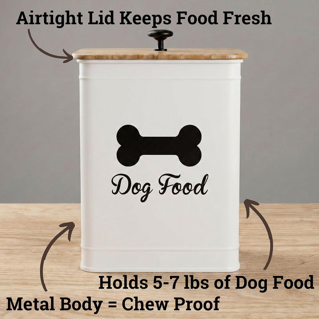 Metal Dog Food Container 5-7lb, 25 Cup w/ Airtight Bamboo Lid, Metal Handle