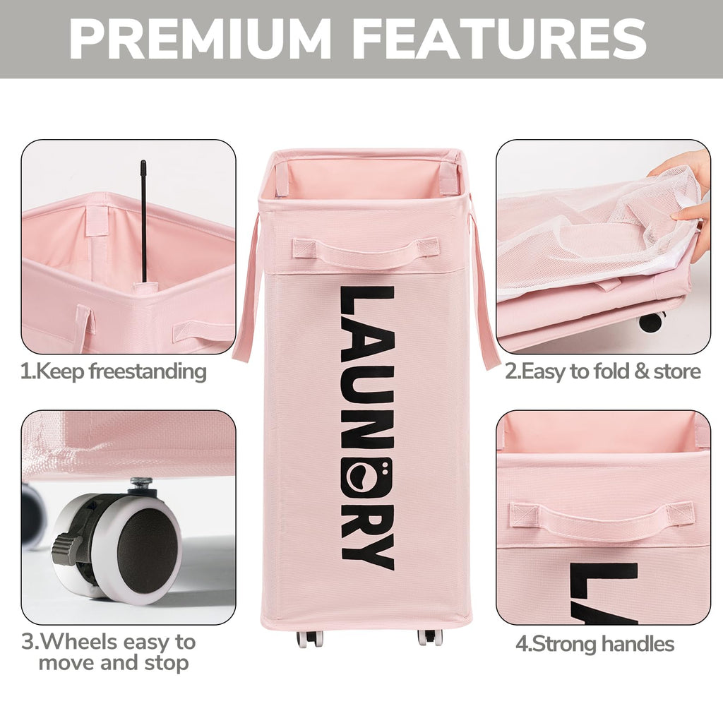 2-Pack Laundry Hamper with Wheels, Dorm Essentials for Girls,75L