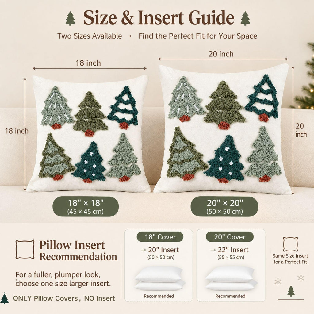 Christmas Tree Pillow Covers 18x18 Inch, Tufted Embroidery, 2 Pack