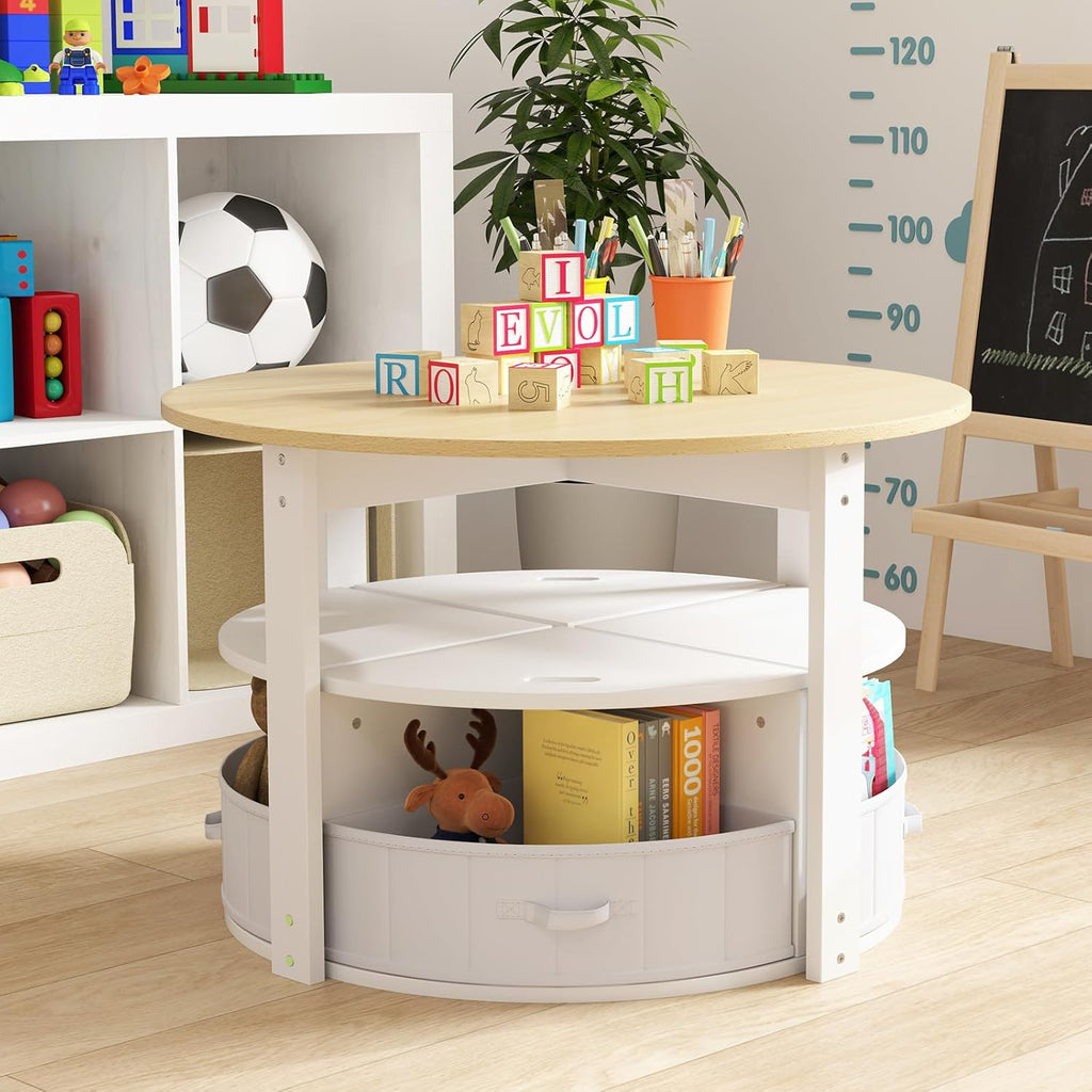 Kids Table & Chair Set, Wooden Activity Center with 4 Storage Stools, Round Nesting Desk for Art Craft Reading