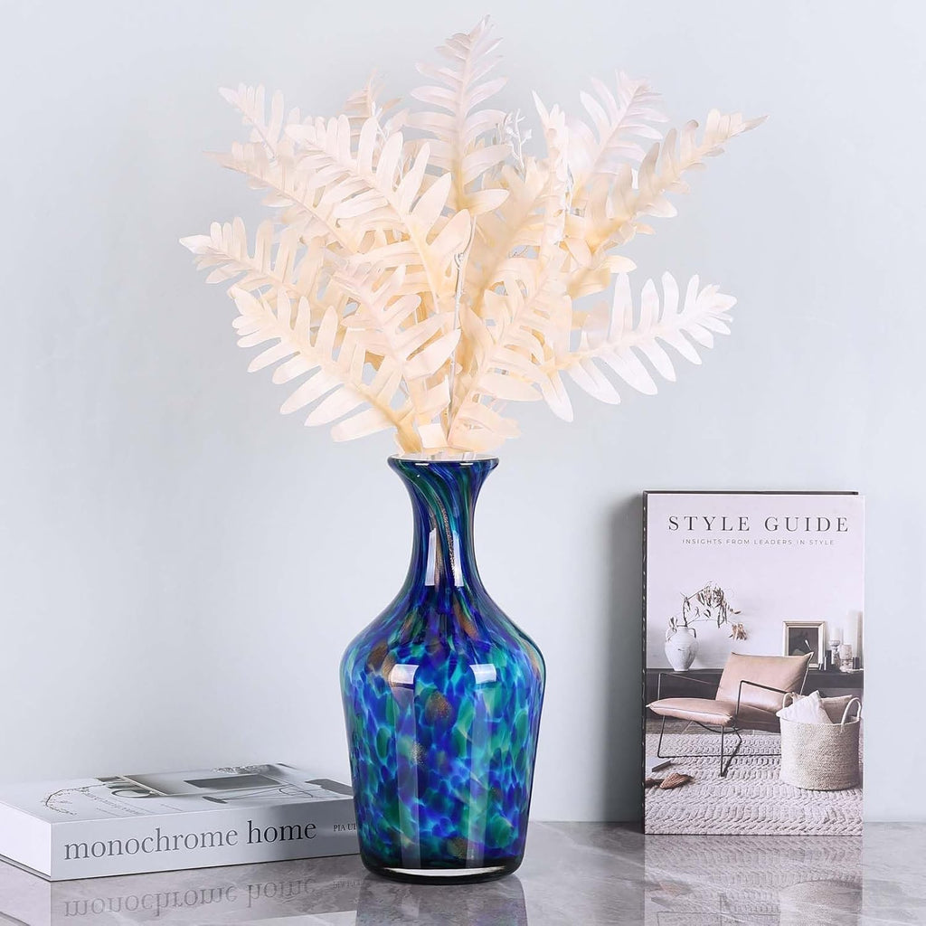 Hand Blown Glass Vase Teal Mosaic (Blue Green Splash) - Murano Inspired Art Glass Vase with Wide Mouth for Flowers