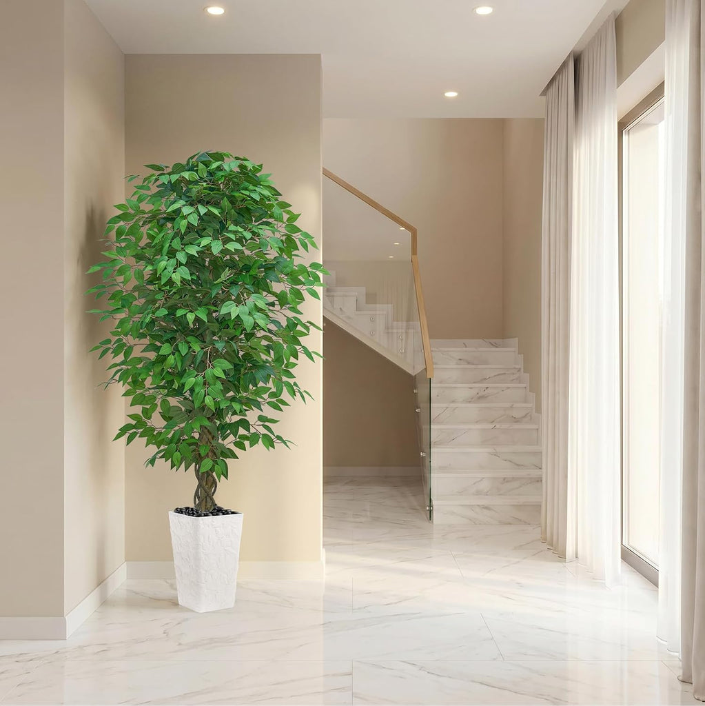 6FT Artificial Ficus Tree, Large Fake Ficus Tree White Planter