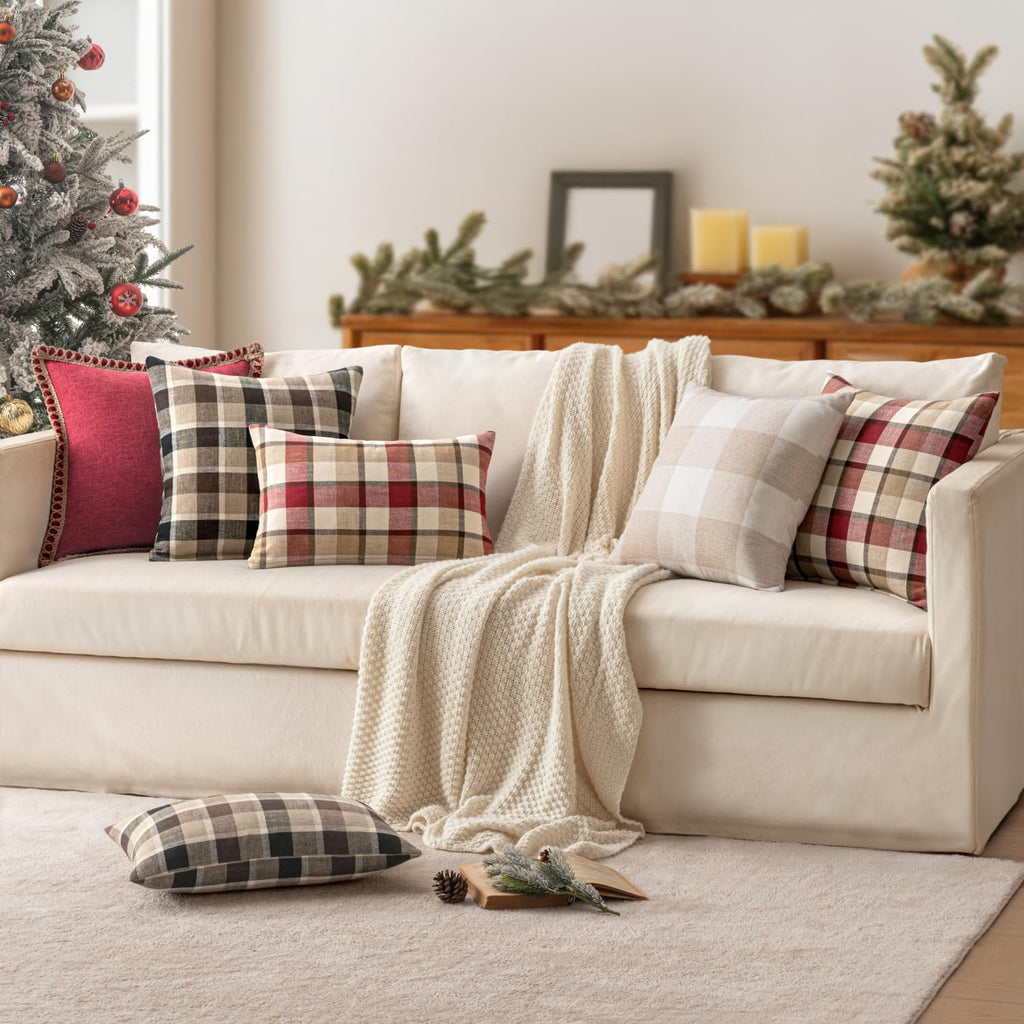 Christmas Decorative Plaid Pillow Covers Red and Tan 20x20