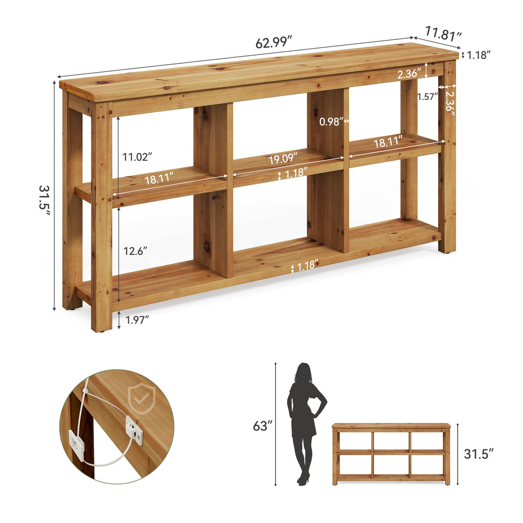Solid Wood Horizontal Bookcase with Adjustable Shelves, 6 Cubes Storage Organizer Long Bookshelf, Farmhouse Low Cubby