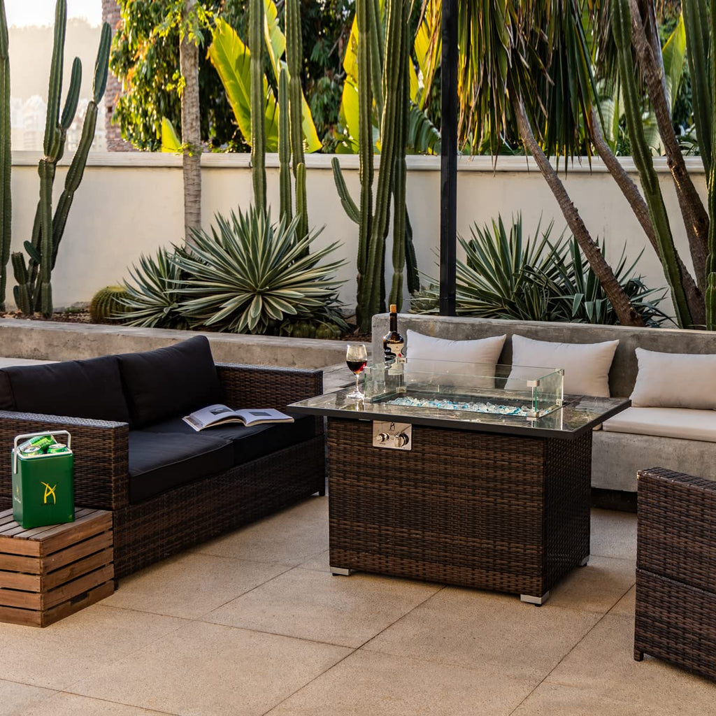 44in Outdoor Propane Gas Fire Pit Table, 50, 000 BTU Auto-Ignition Gas Firepit with Glass Wind Guard, Marble Tile