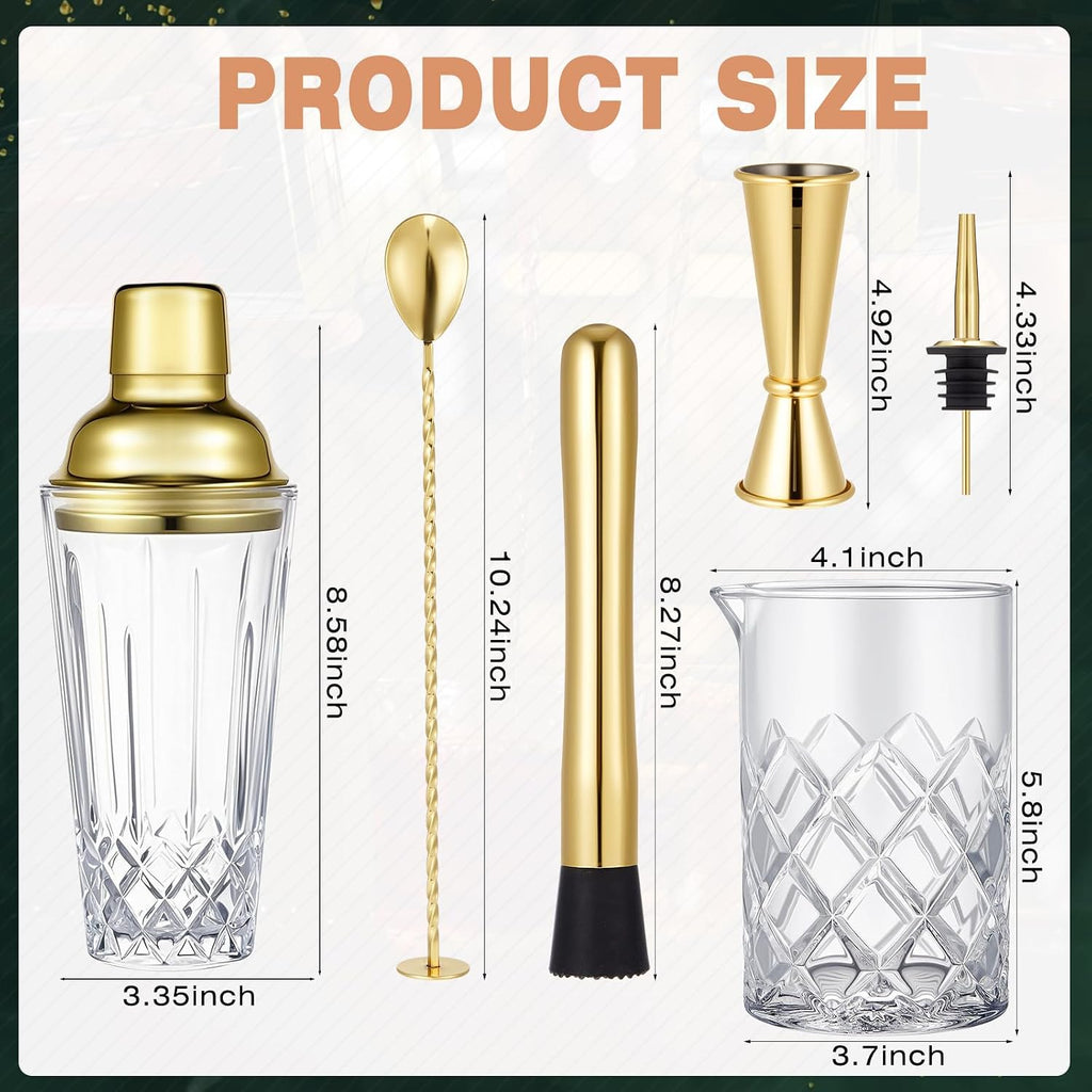 Gold Cocktail Shaker Set, 304 Stainless Steel 14oz Shaker & 24oz Mixing Glass, Jigger, Bar Spoon, Pour Spout - Set of 7