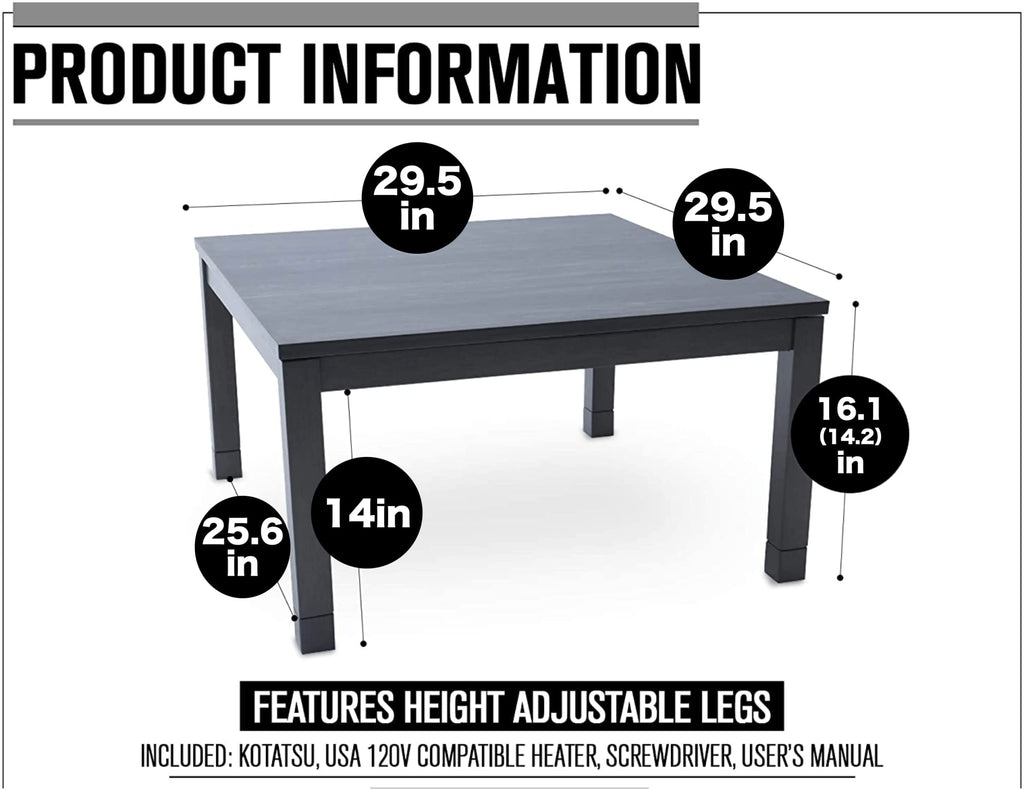 Japanese Kotatsu Heated Table, 120V Heater, Black, 29 x 29 in