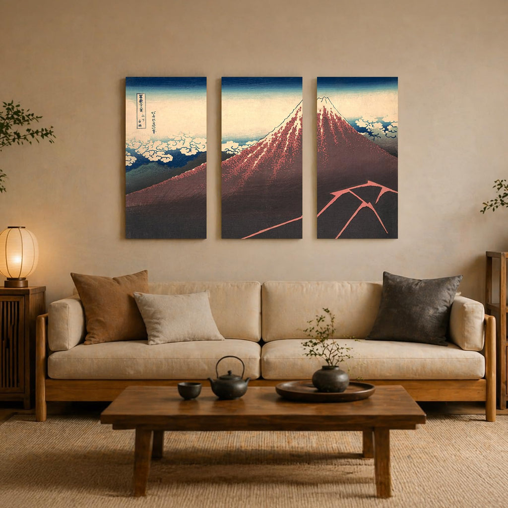 Japanese Wall Art, Black Fuji Hokusai Storm 3 Piece, 48x32''