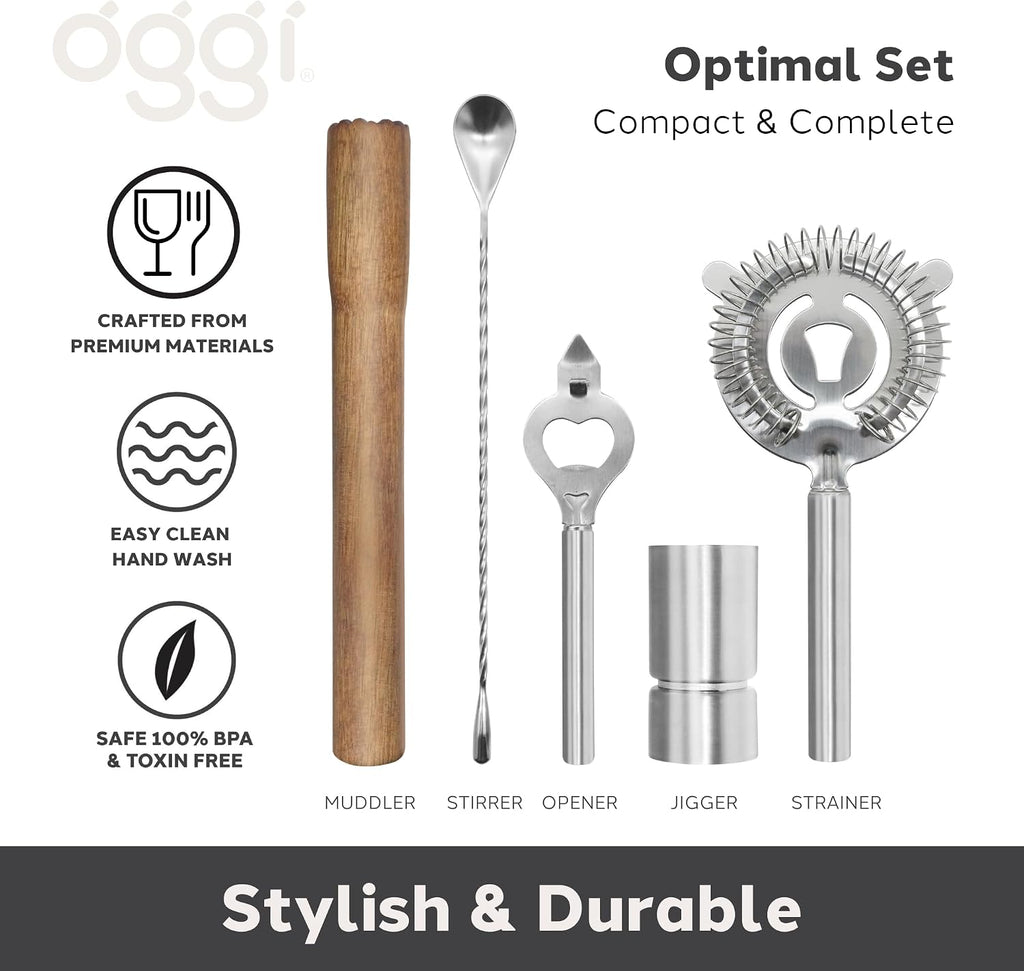 6-Piece Slim Bartender Kit - Ideal Bar Cart Accessories, Great Decor and Accessories for the Home Bar, Bartending Kit - Set of 6