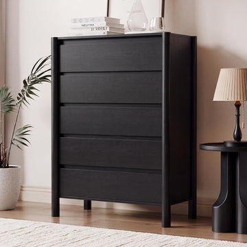 Black Dresser, 45" Tall 5 Drawer Mid Century Modern Chest