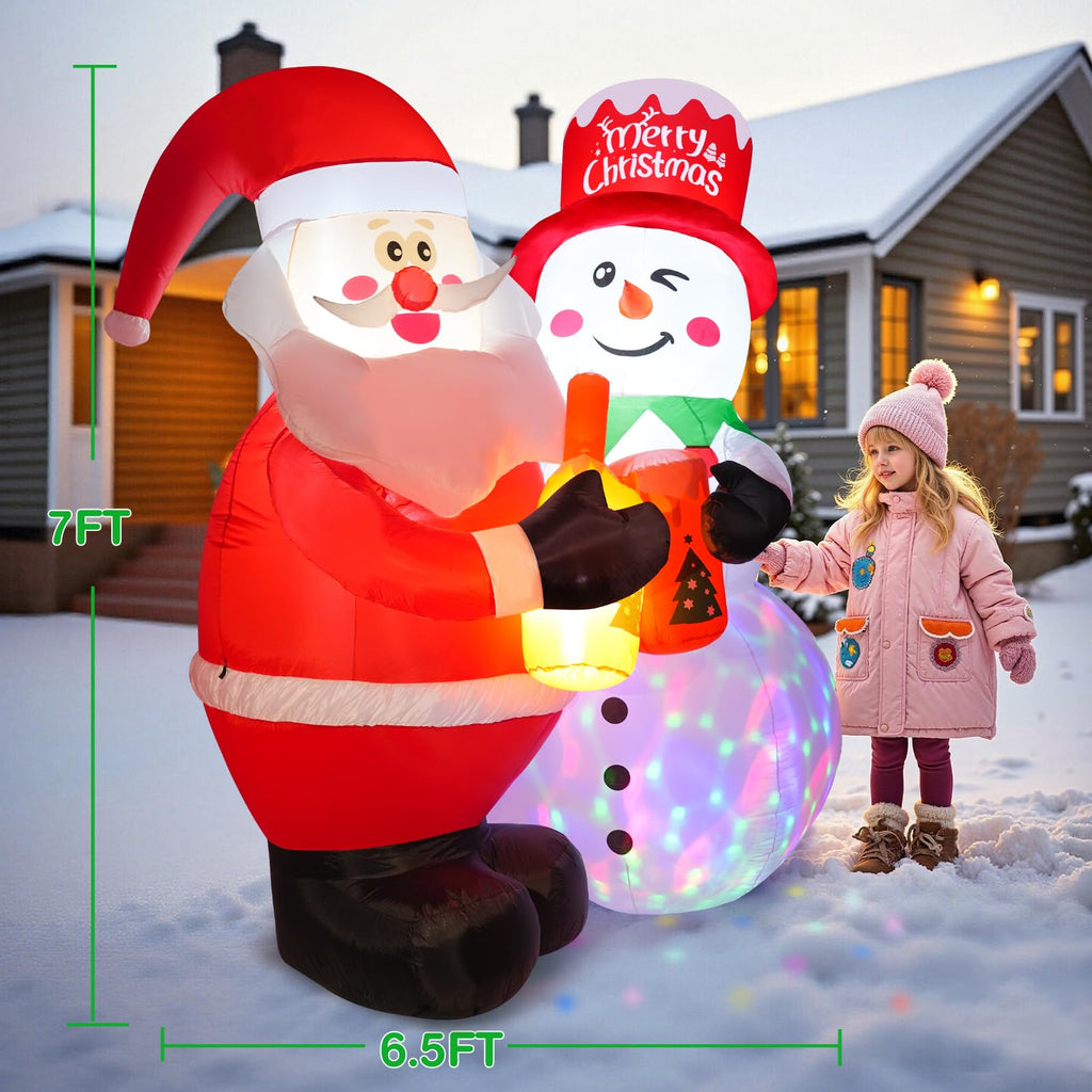 7FT Christmas Inflatable Outdoor Decoration, Inflatable Santa and Snowman Toasting with Light, Rotating Colorful LED