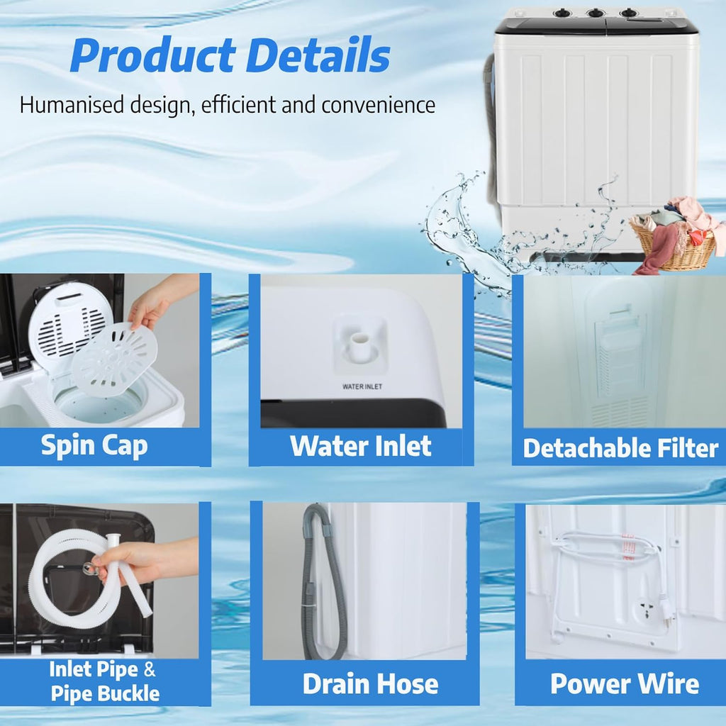 Portable 30Lbs Twin Tub Washing Machine Washer and Dryer Combo, Compact Laundry Machine with Drain Pump, Time Control