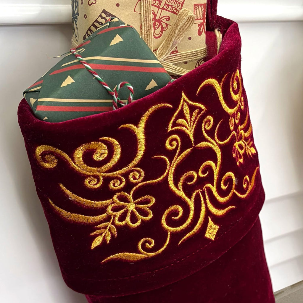 Set of 3 Velvet Christmas Stockings with Gold Damask Embroidery and Microfiber Lining, Oversized 24-Inch Cuff-to-Toe