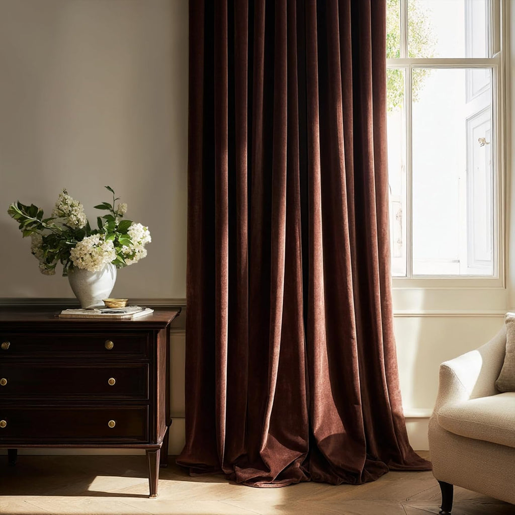96 inches Long Brown Velvet Blackout Curtains for Living Room Bedroom Luxury Vintage Light Blocking Thermal Insulated