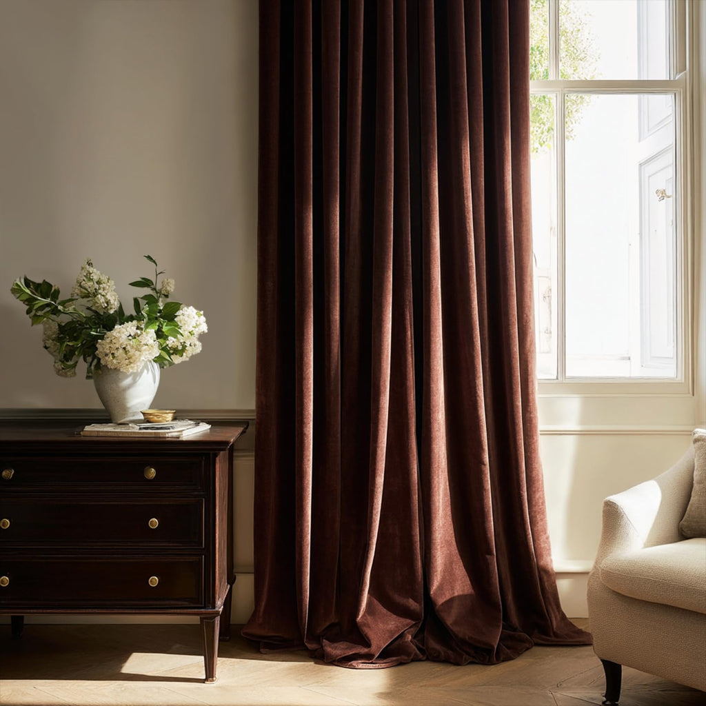 Velvet Pinch Pleated Curtains Extra Wide Brown Drapes W60xL102