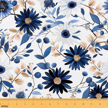 Blue Daisy Floral Decorative Fabric Watercolor Artistic Sewing Craft for Girls Women Nordic Leaves Berries Outdoor