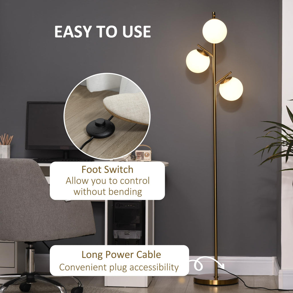 3-Light Modern Floor Lamp, Globe Lampshades, Bright Lighting, Gold