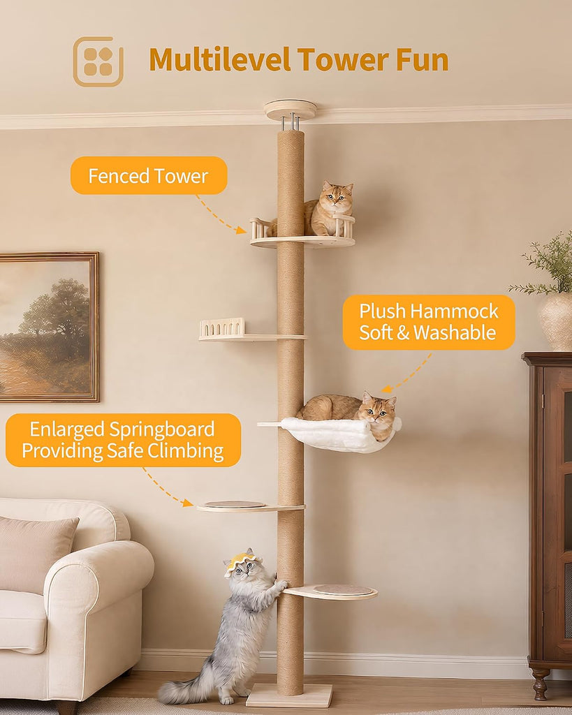 9.8ft Floor to Ceiling Cat Tree for Large Cats, 5-Tier Cat Tower