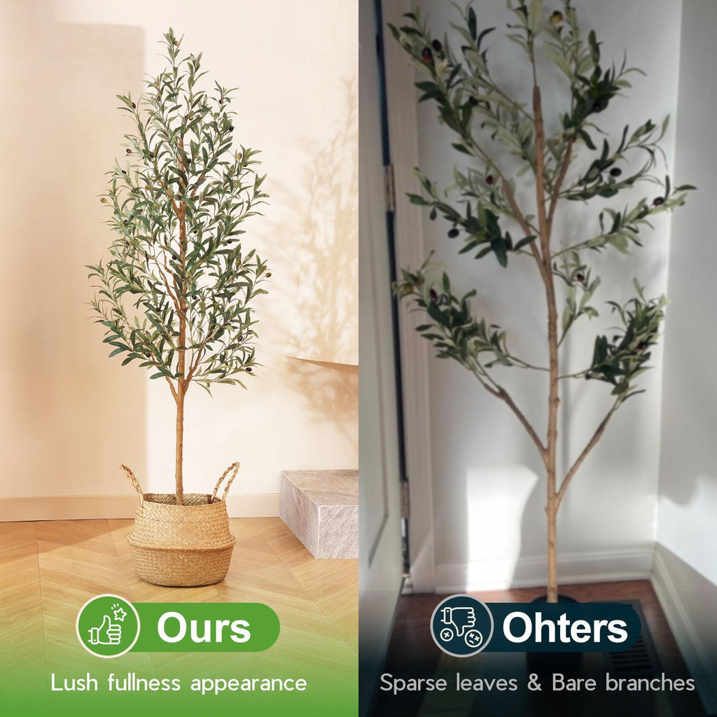 Faux Olive Tree 6FT - Tall Artificial Plants Indoor with Real Wood Trunk & Seagrass Basket, Lifelike Silk Leaves &