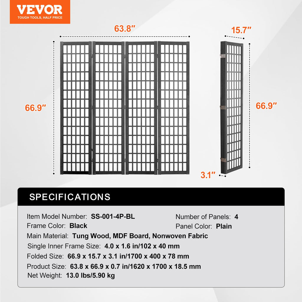 Room Divider, 4 Panel Japanese Room Divider, Wood Folding Privacy Screen Indoor, Partition Dividers Portable