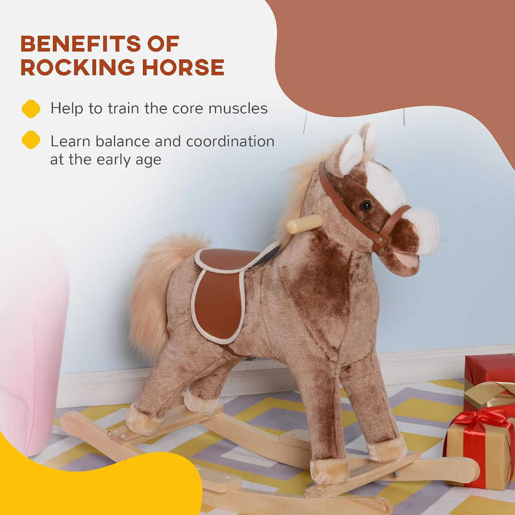 Kids Rocking Horse Wooden Base Ride-On Toy Handle Grip 36M+ Brown