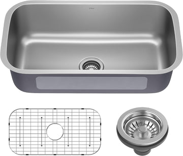 Stainless Steel 32 in 18 Gauge Undermount Kitchen Sink KBU44 | 18-gauge T304 stainless steel, rear-set drain, rounded