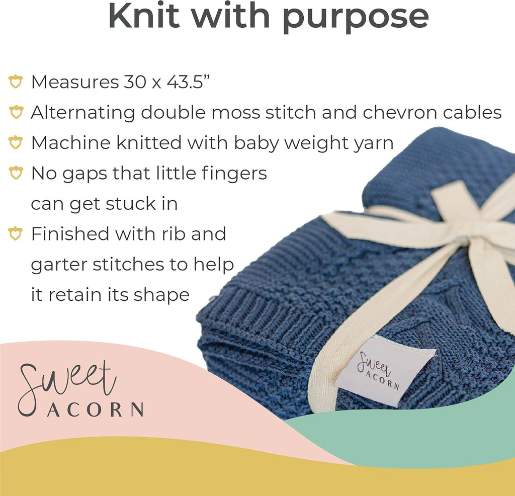 Knit Baby Blanket in Cable Pattern, Organic Cotton Blankets for Crib or Stroller, Receiving Blankets - Bay Blue