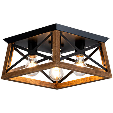 4-Light Famrhouse Light Fixture, Rustic Ceiling Light with Wood and Metal Frame, Farmhouse Flush Mount Ceiling Light