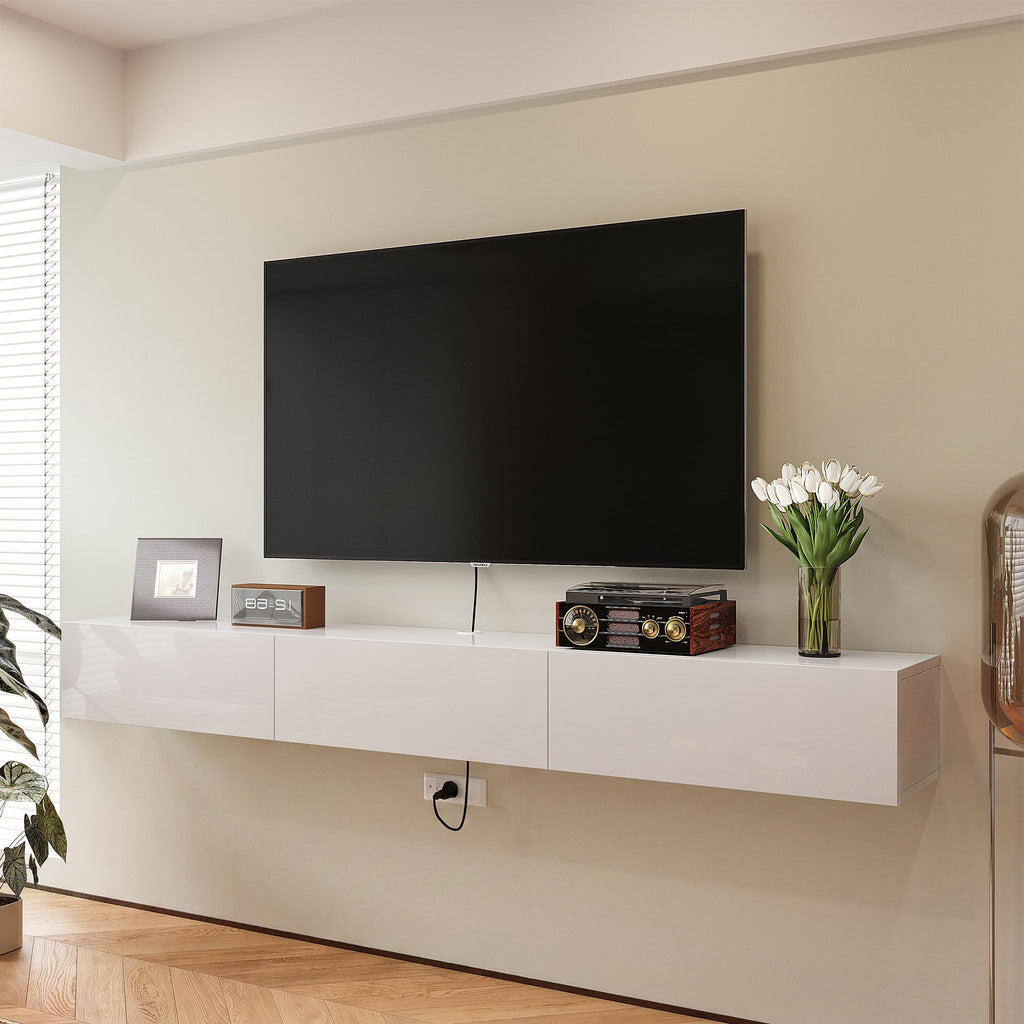 55'' Floating TV Stand, High Gloss Wall Mounted TV Console, White
