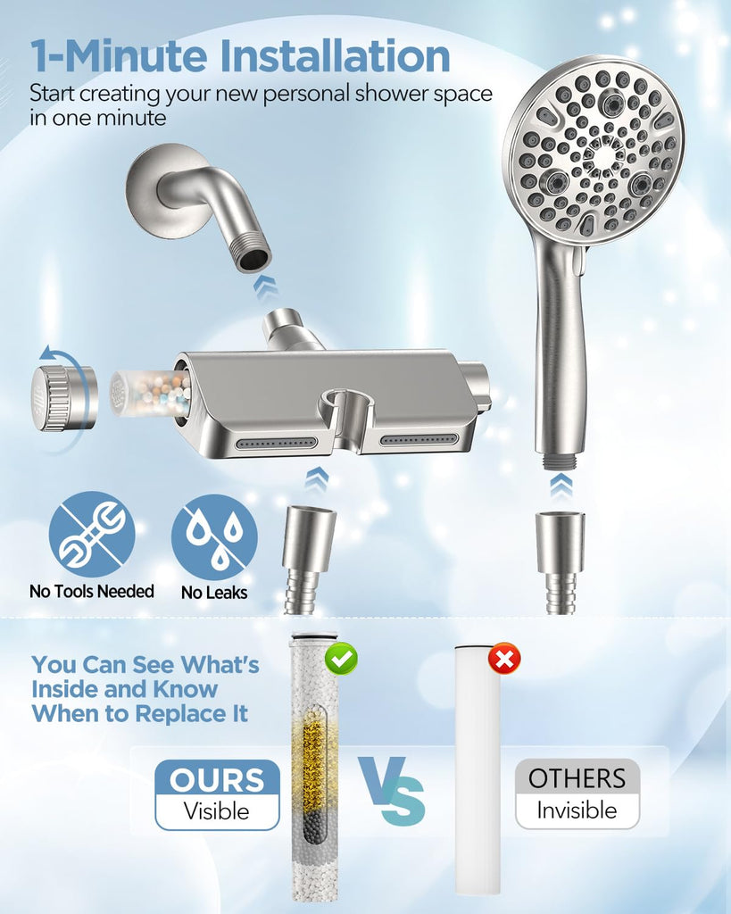 Filtered Shower Head with Handheld Combo Brushed Nickel - Dual 2-in-1 Spa System with Massage Shower Head and 10