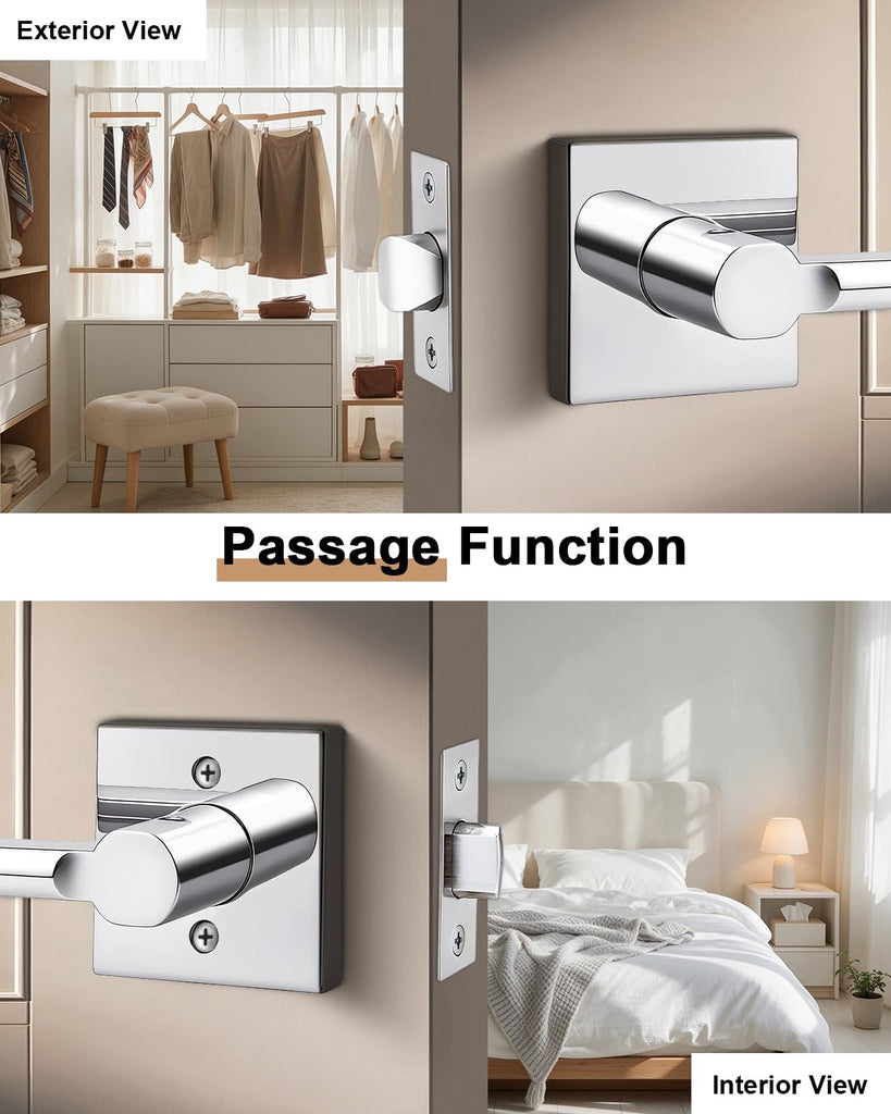 Passage Interior Door Handles, 8 Pack Polished Chrome Square Levers Without Lock, Reversible for Closet & Hallway